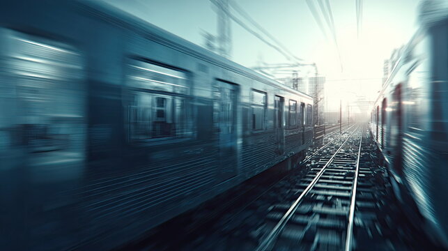Passenger trains pass on parallel tracks, creating a dynamic sense of motion and rapid transit in a modern metropolitan environment during rush hour travel