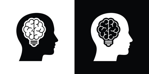 A profile silhouette of a human head containing a glowing brain-shaped lightbulb. Represents human intelligence, innovation, cognitive development, psychology, and creative thought processes. © bibin