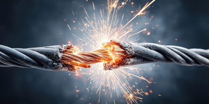 Close up of a frayed electrical wire sparking with intense energy and light
