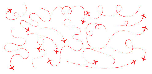 Airplane Flight Path and Travel Route Icon Set. Plane paths. Aircraft tracking, planes, travel, map pins, location pins. Romantic travel, heart dashed line trace and plane routes. © VectorHive Studio