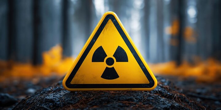 Yellow radiation warning sign with black trefoil symbol on dark ground in forest