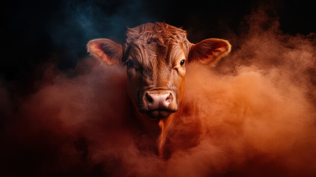 A close-up of a cow's face appears through vibrant smoke clouds, representing the connection between nature and the mystical, providing a unique and artistic perspective on farm life.