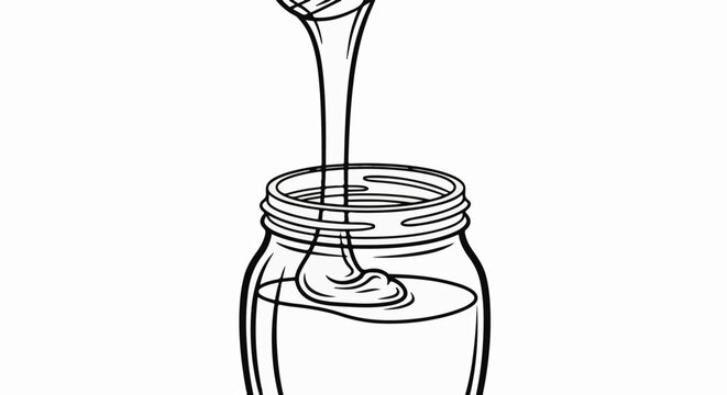 A viscous liquid drips from a utensil into an open glass jar