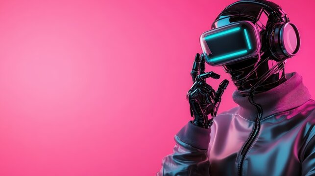 A sleek, futuristic robot dons a glowing VR headset, set against a vibrant pink background, highlighting the intersection of technology and human interaction in virtual spaces.