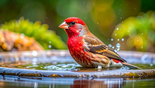 Red bird bathing in a garden fountain (1)