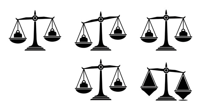 Black and white of balance scales with varying beam and pan styles justice weighing