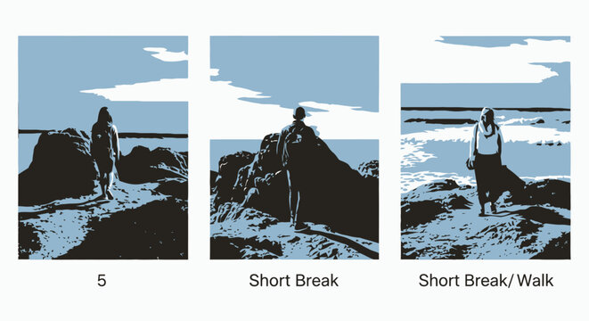 Dog and owner short break on beach rocky shoreline outdoor