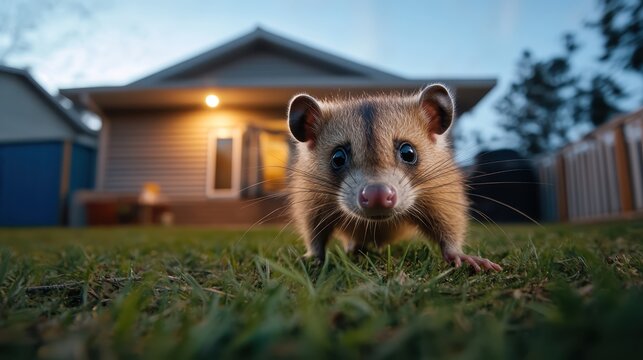 A curious possum is captured exploring a backyard on a dusky evening, showcasing its inquisitive nature in a serene and tranquil environment.