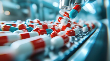 Fototapeta premium A vivid assortment of red and blue capsules tumbles on a conveyor, exemplifying precision in pharmaceutical production and the importance of quality in medicinal products.