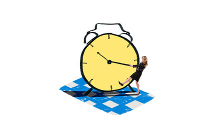 Woman pulling hand drawn illustrated giant clock hand trying to control time. Concept of time...