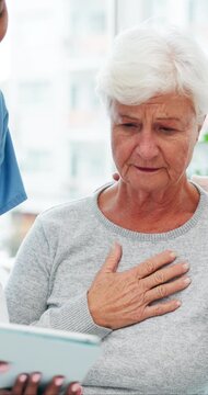 Bad news, old woman and nurse with tablet for results, cancer diagnosis and support or medical advice. Senior care, elderly patient and shock with online test, healthcare person and consultation