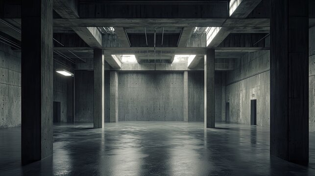 Empty underground parking garage or industrial basement with large concrete columns, beams, and skylights reflecting on the wet floor, creating a stark, minimalist environment