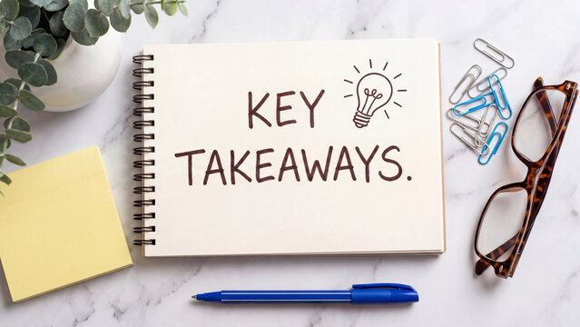 Key takeaways summary concept for essential learning points business insights knowledge retention and professional development recap in educational and corporate training contexts