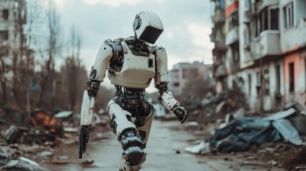 Fototapeta premium A humanoid robot strides through a desolate urban area, showcasing a juxtaposition of technology and decay against a backdrop of destroyed buildings and scattered debris.