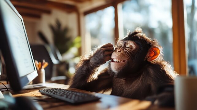 A playful monkey delightfully interacting with a computer, showcasing its interest in technology and evoking laughter and joy in this whimsical and carefree moment.