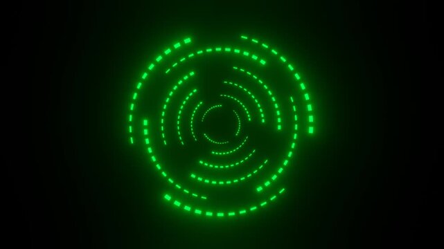 Neon green glowing dotted spiral loop animation on dark background