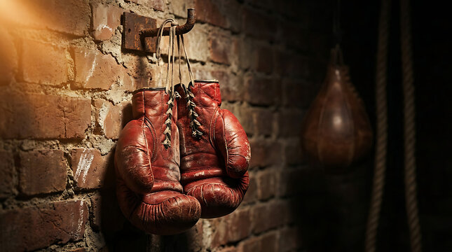 Worn red leather boxing gloves hanging on a rustic brick wall hook next to a punching bag in a dimly lit gym