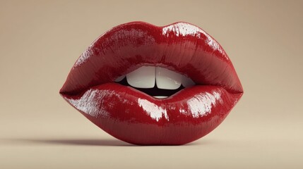 Obraz premium Close-up of glossy red lips with white teeth slightly parted against a neutral background
