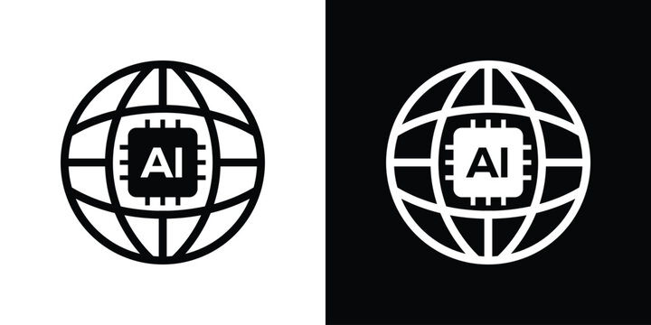 Global network icon featuring a microchip labeled AI inside a sphere. Represents worldwide artificial intelligence, digital connectivity, global data processing, and advanced technological systems.