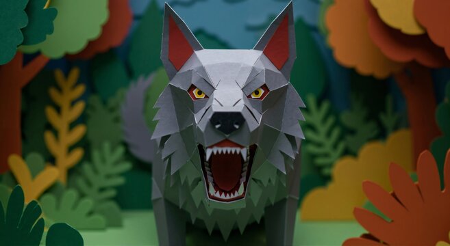 Paper craft wolf with an aggressive expression and open mouth with sharp teeth in a colorful forest setting. Stop motion animation and storytelling props.