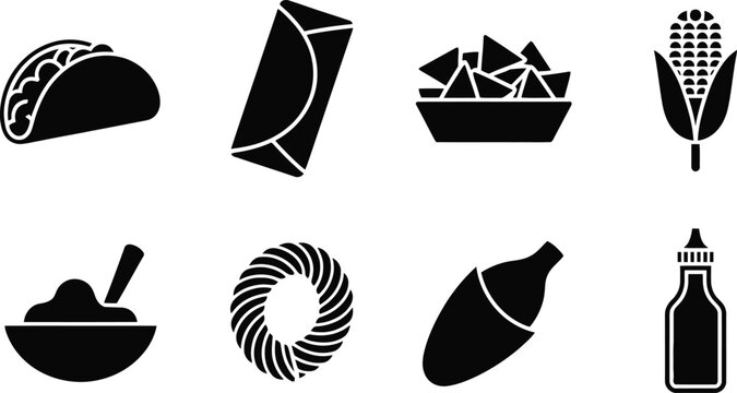 Collection of Mexican food and condiment icons for food service and culinary design