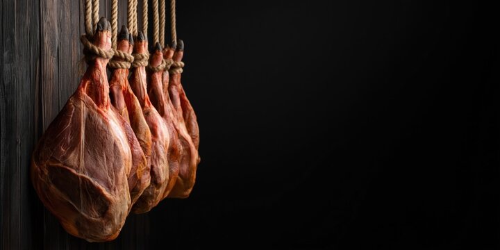 Traditional dry-cured ham legs hanging vertically from rustic wooden wall