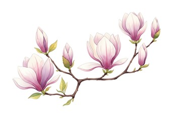 Obraz premium Elegant Watercolor Illustration of a Spring Magnolia Branch Adorned with Soft Pink Blossoms and Buds, Capturing Natural Beauty