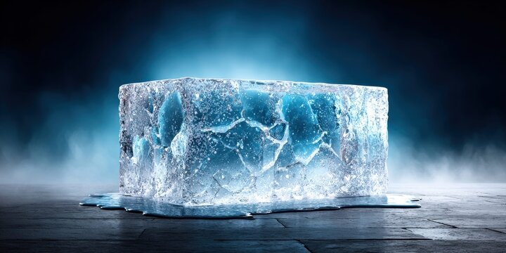 Large ice block with internal fractures melting on a dark surface with mist