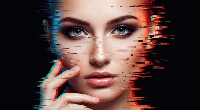 Woman with digital glitch effect on face, symbolizing technology disruption. Cyber security and artificial intelligence concept.