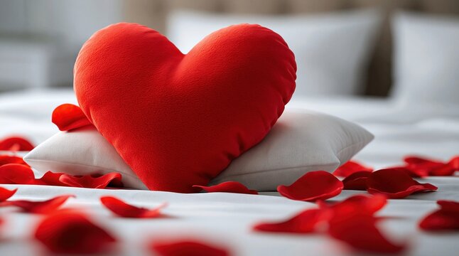 Romantic red heart-shaped pillow on a bed with scattered rose petals