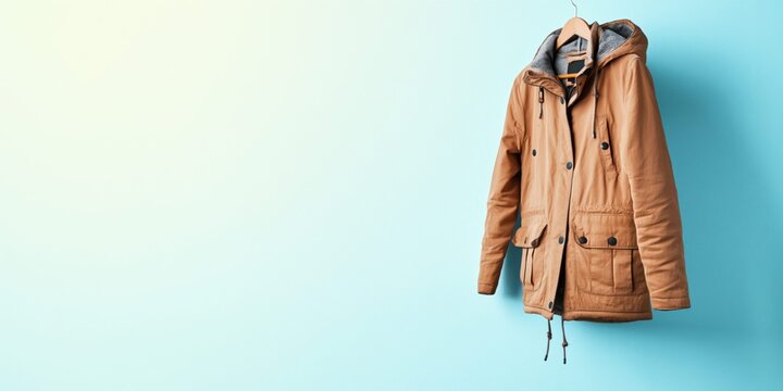 A stylish tan winter parka jacket hanging on a wooden hanger against a blue background
