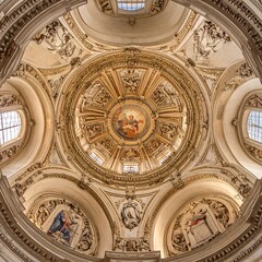 Obraz premium Interior perspective capturing a cathedral's ceiling from a low angle, emphasizing intricate architectural details and artistry