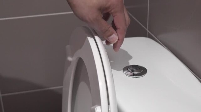 Closeup of male hand pushing a button to flush a close tool a bathroom toilet.