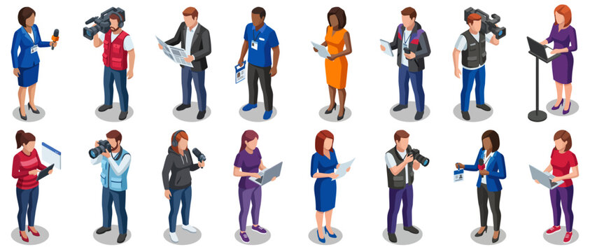 Media and journalism professionals set | diverse reporters and camera operators working in news production | isometric vector illustration style