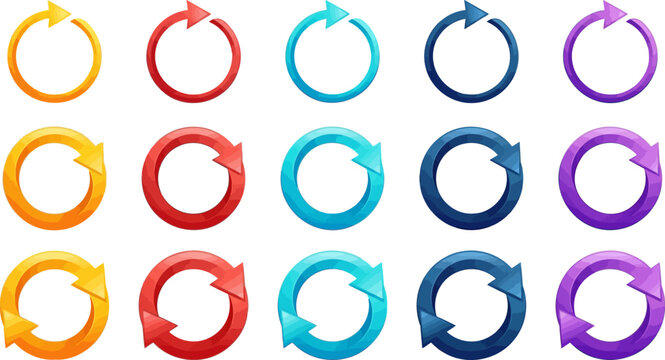 Set of five colorful circular arrow icons in repeating, rotating, and refreshing 3D styles isolated on transparent background