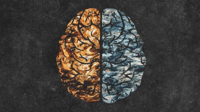 split. Artistic illustration of human brain halves, symbolizing duality and cognitive contrast. STEM education sheets, lab safety posters, designed for STEM education and laboratory safety posters.
