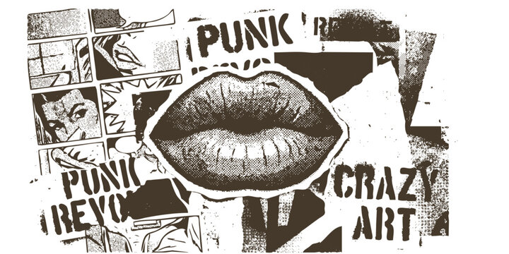 Retro halftone collage elements for mixed media design. Beautiful lips in halftone texture, dotted pop art style.