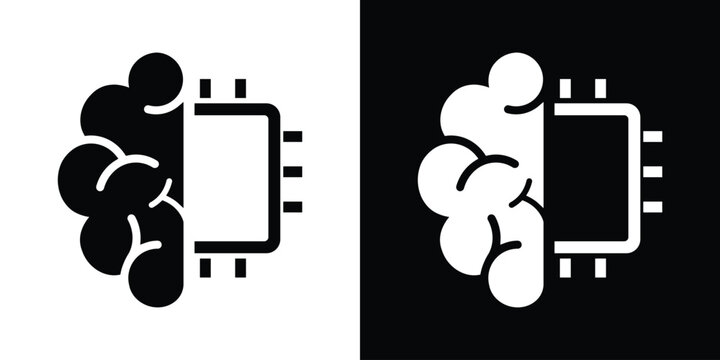 A minimalist icon design featuring a split brain and microprocessor circuit chip, symbolizing advanced artificial intelligence, neural networks, and modern computing. High contrast vector.