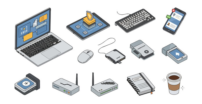 Isometric technology and office equipment collection on black background