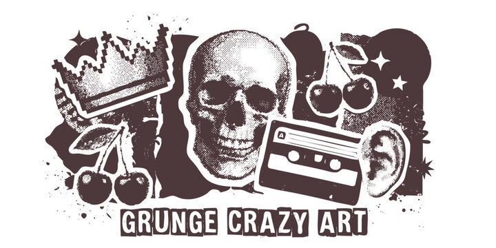 Dithering halftone collage elements for mixed media design. Crown, skull, cherry, cassette, ear and shapes in bitmap halftone texture,
