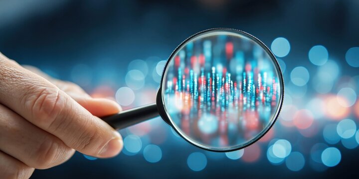 Close-up of a hand holding a magnifying glass over digital data streams