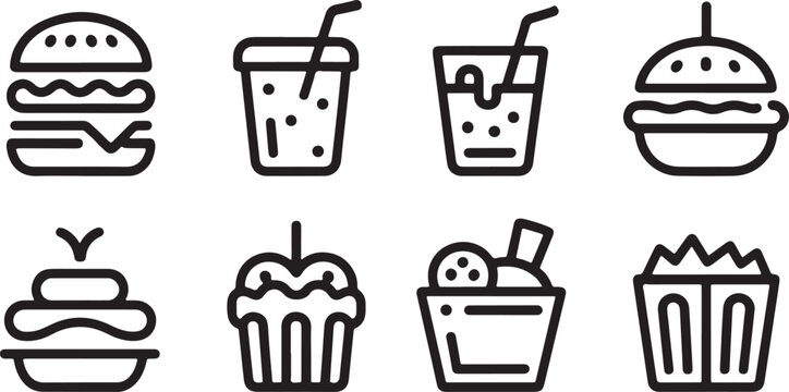 Black and white food icons set with various desserts and drinks