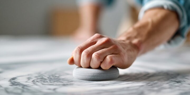 Close-up of a person's hand using a sanding block on a marble surface