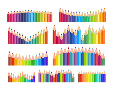 Set of colored pencil border frame set collection. Cute bright pencils bottom border seamless pattern background horizontal. Flat vector illustration. Back to school concept. Wooden pencils.