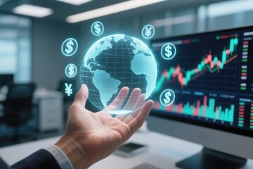 Fototapeta premium Businessman analyzing bullish stock market trend with digital globe and currency symbols office showing financial growth and investment potential