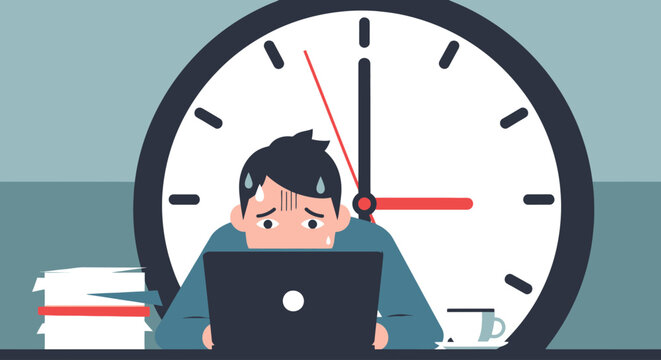 Man stressed working on laptop with clock in background