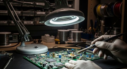 Naklejka premium Electronics Repair With Magnifying Lamp