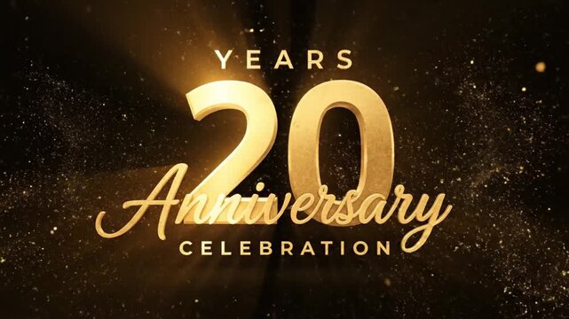 A celebratory graphic features a large golden number 20 on a sparkling dark background. The text reads: YEARS 20 Anniversary CELEBRATION.