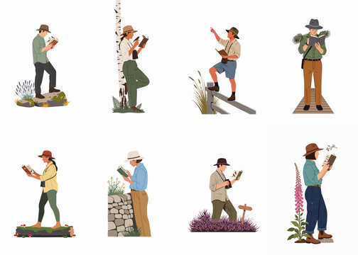 Set of diverse birdwatchers and nature enthusiasts exploring the outdoors, studying wildlife, and reading field guides in various natural environments.