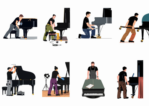 Vector illustrations of professional piano movers and technicians performing tasks like tuning, cleaning, leveling, and transporting grand pianos for concerts.